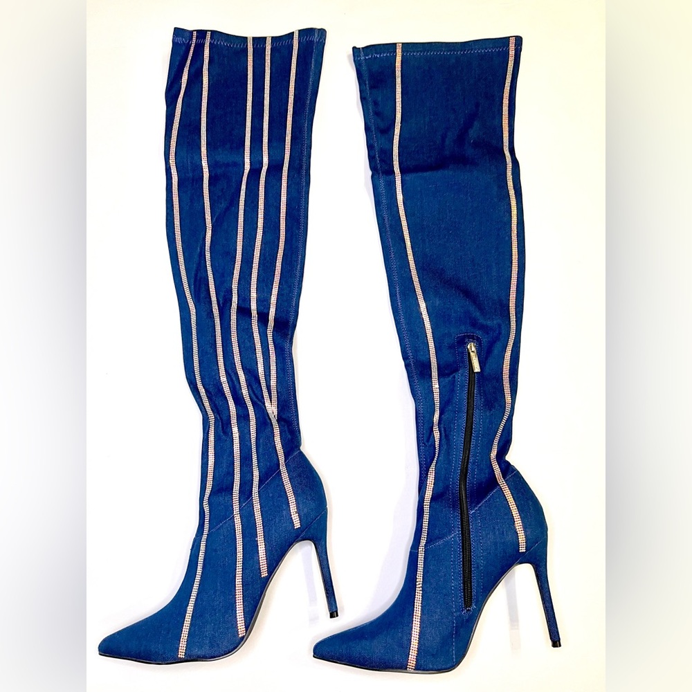 Denim Rhinestone Striped Stiletto Thigh High Boots. 4.5” Heel Diamond Studded
